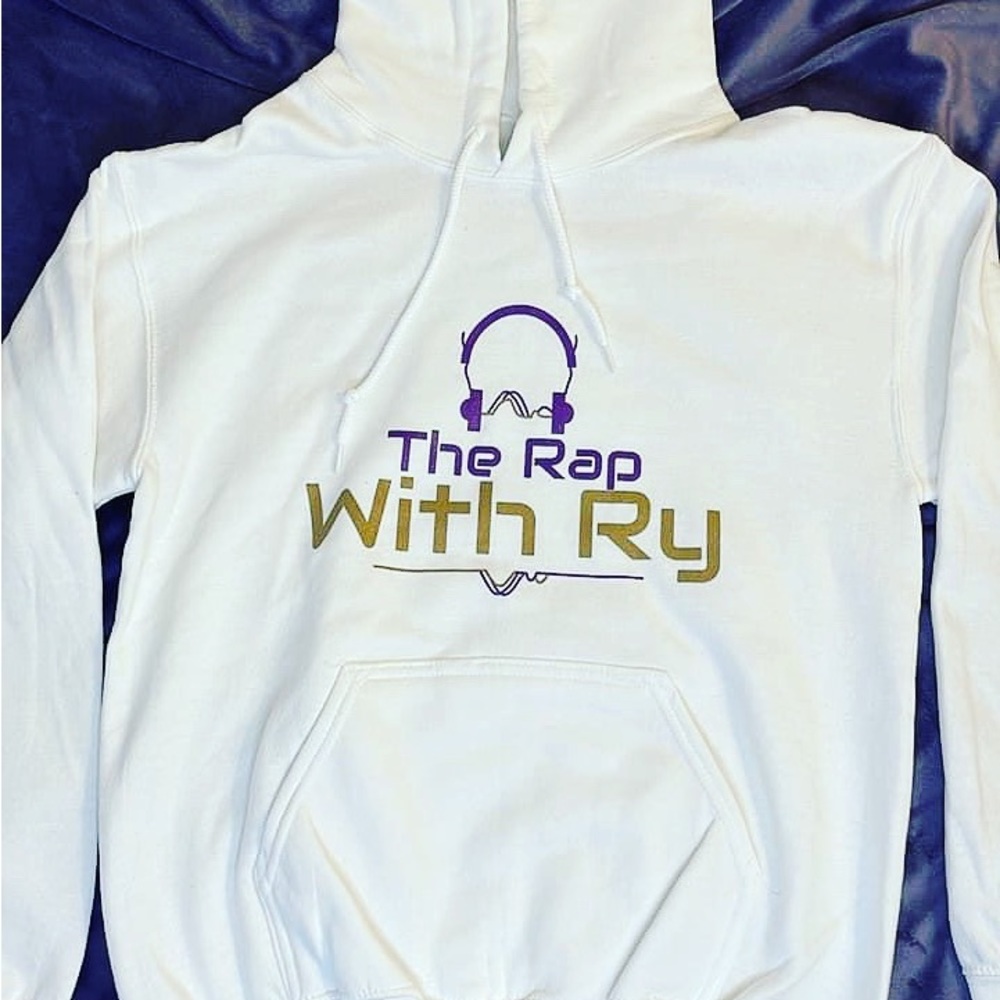 Podcast logo on hoodie for sale. $20 each with multiple sizes available.